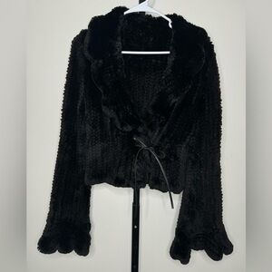 Knitted Black Fur Women's Coat - Cozy Elegance for Cold Days